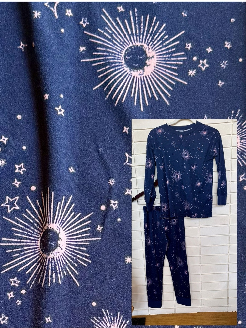 Nordstrom Girls Pajama Set * Size M 8/10 * Navy & Pink * Celestial Moon Stars